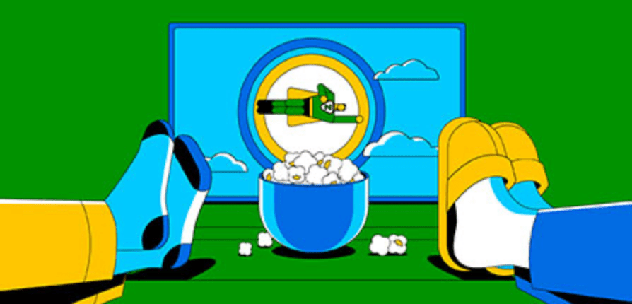 graphic of two pairs of slippers resting on a coffee table in front of a TV featuring a caped super hero